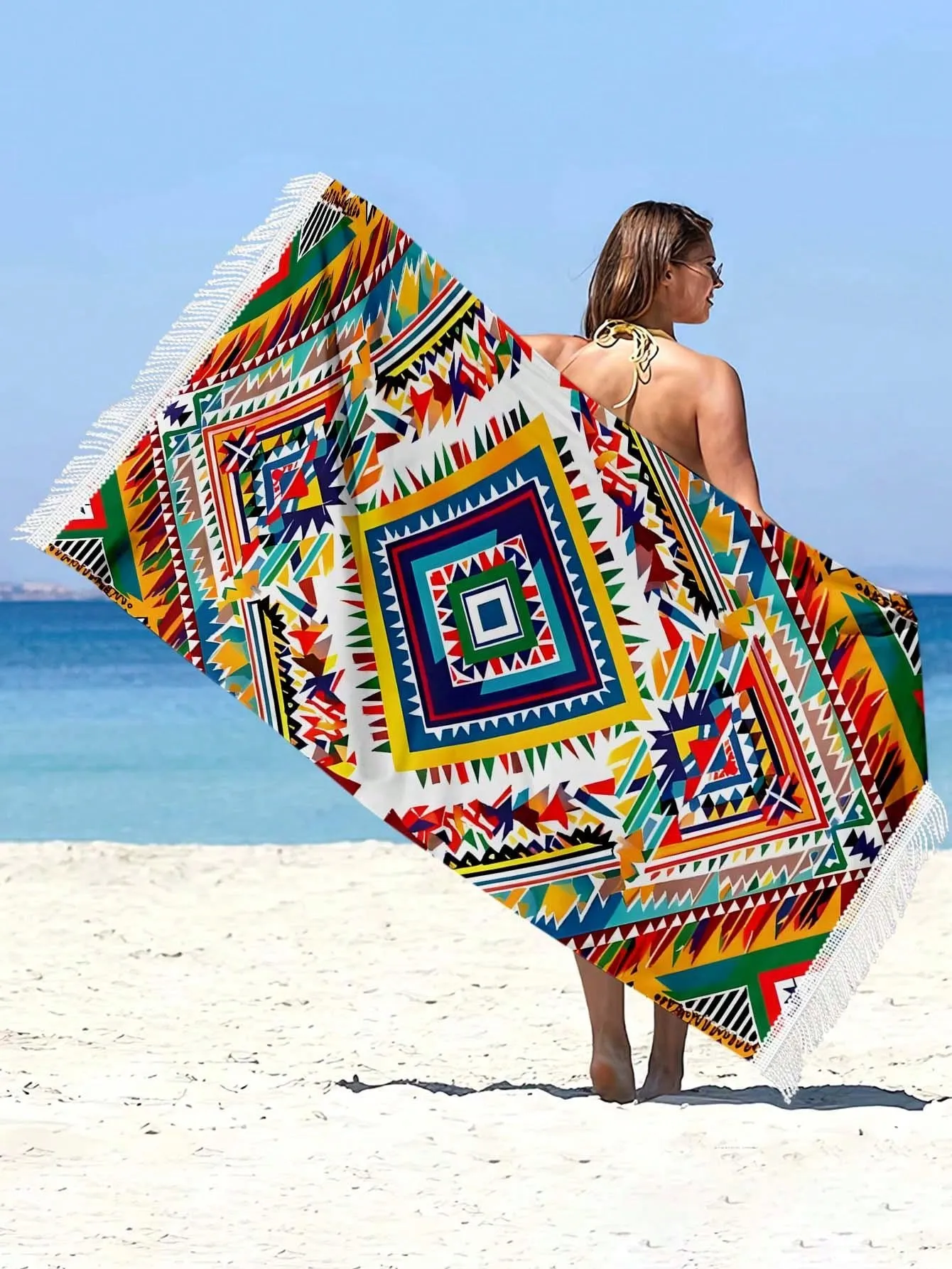 1PC Boho Microfiber Beach Towel With Tassels,Large Oversized Bohemian Sand Free Quick Dry Bath Towels For Swimming,Yoga And Outdoor Sports