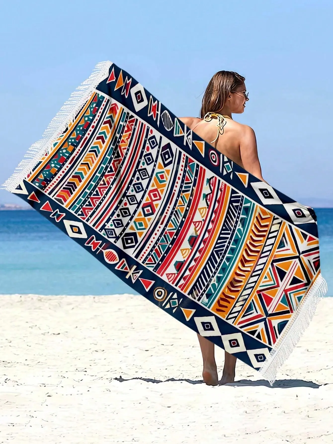 1PC Boho Microfiber Beach Towel With Tassels,Large Oversized Bohemian Sand Free Quick Dry Bath Towels For Swimming,Yoga And Outdoor Sports