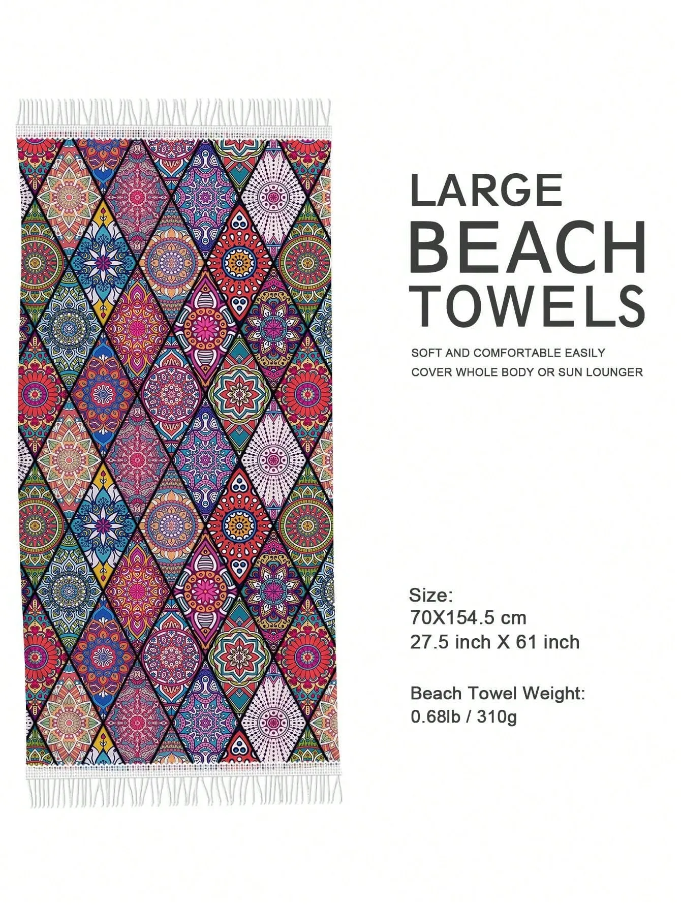 1PC Boho Microfiber Beach Towel With Tassels,Large Oversized Bohemian Sand Free Quick Dry Bath Towels For Swimming,Yoga And Outdoor Sports