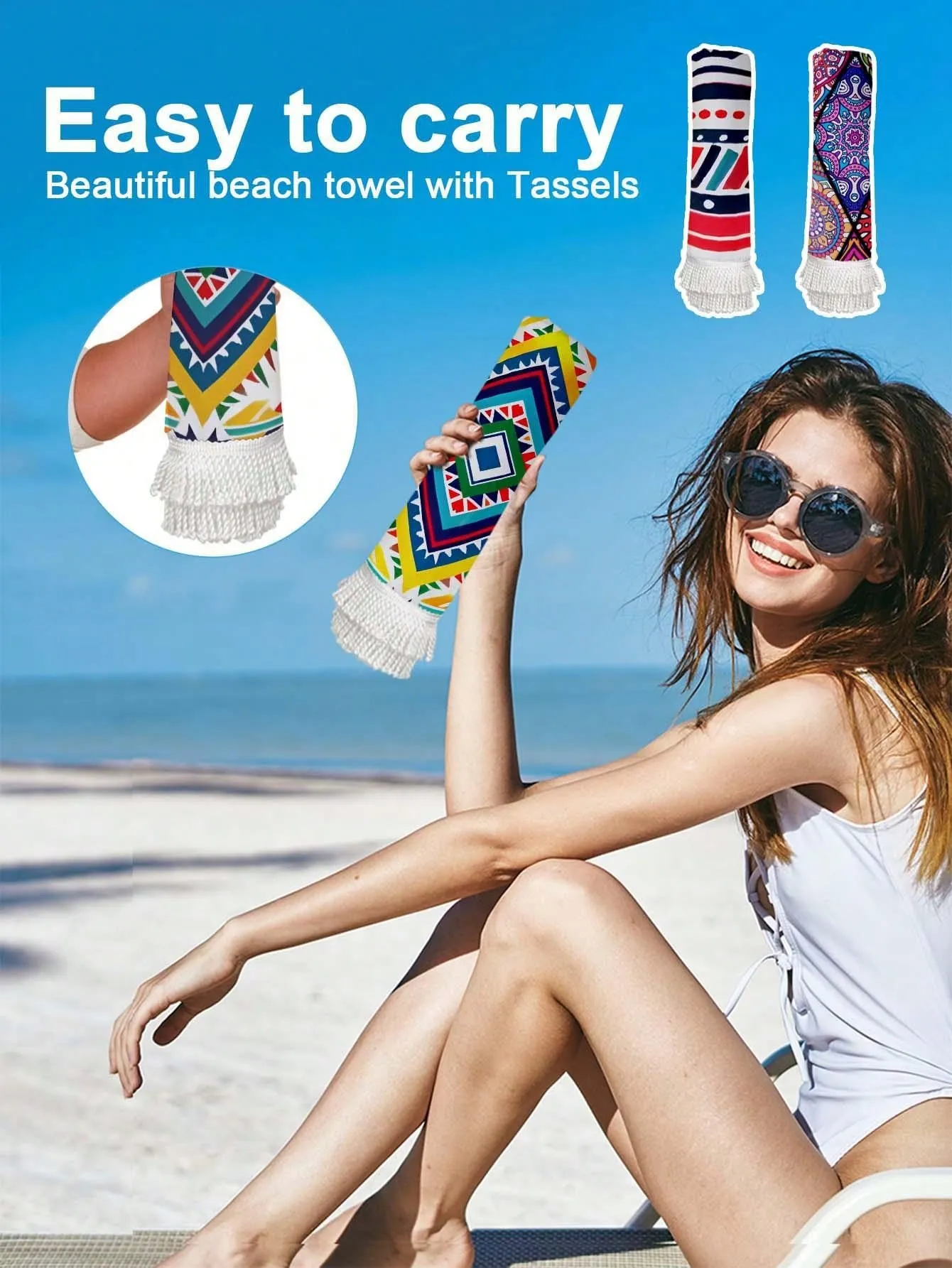 1PC Boho Microfiber Beach Towel With Tassels,Large Oversized Bohemian Sand Free Quick Dry Bath Towels For Swimming,Yoga And Outdoor Sports