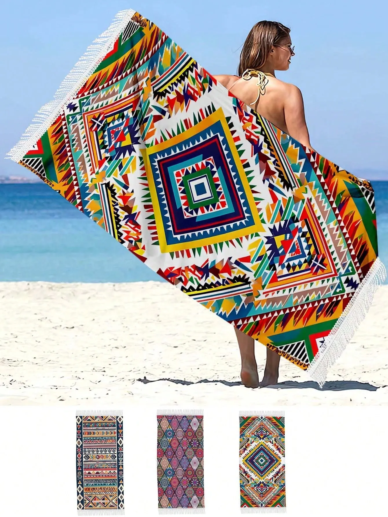 1PC Boho Microfiber Beach Towel With Tassels,Large Oversized Bohemian Sand Free Quick Dry Bath Towels For Swimming,Yoga And Outdoor Sports