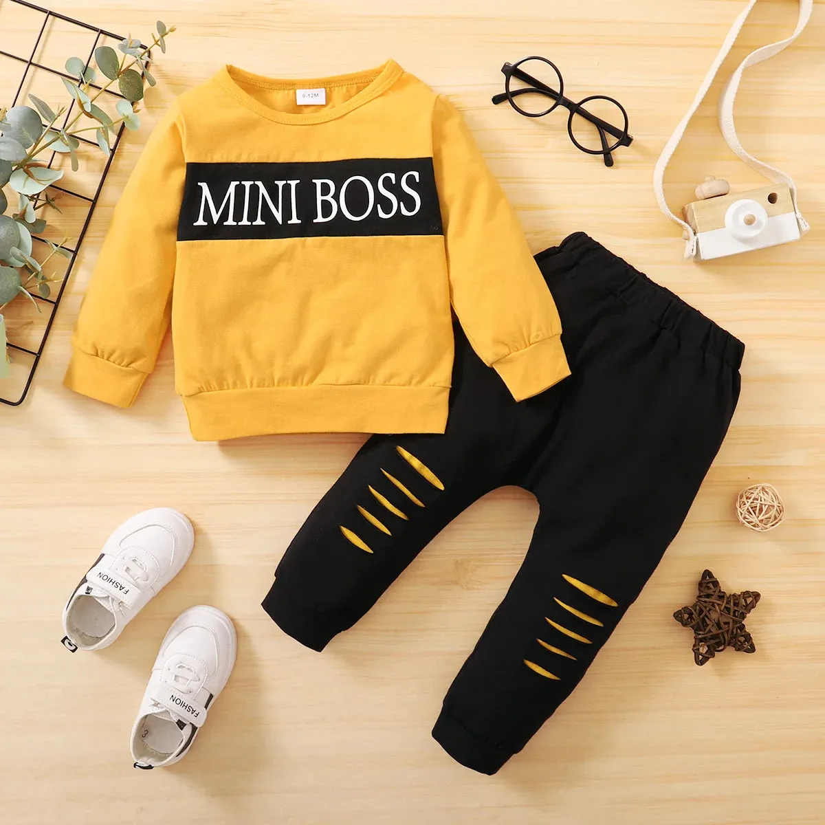 2PCs Fashion Infant Spring Sports Clothes; Baby Boy Clothes Toddler Boy Outfit Suit Letter Printing Long Sleeve Top   Pants