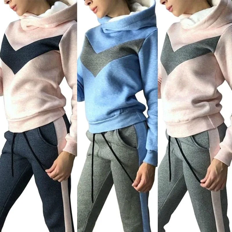 Autumn Winter 2 Piece Set Tracksuit Sportwear Fleece Hoodies Pullover Sweatshirts Baggy Trousers Jogger Pants Warm Outfits