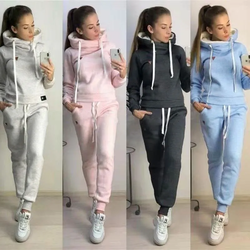 Autumn Winter 2 Piece Set Tracksuit Sportwear Fleece Hoodies Pullover Sweatshirts Baggy Trousers Jogger Pants Warm Outfits