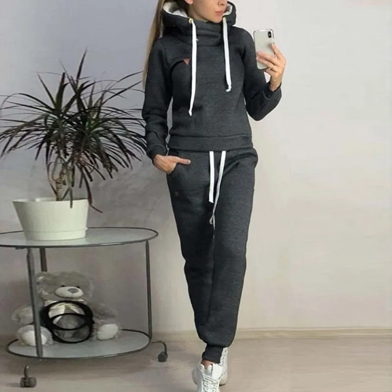 Autumn Winter 2 Piece Set Tracksuit Sportwear Fleece Hoodies Pullover Sweatshirts Baggy Trousers Jogger Pants Warm Outfits