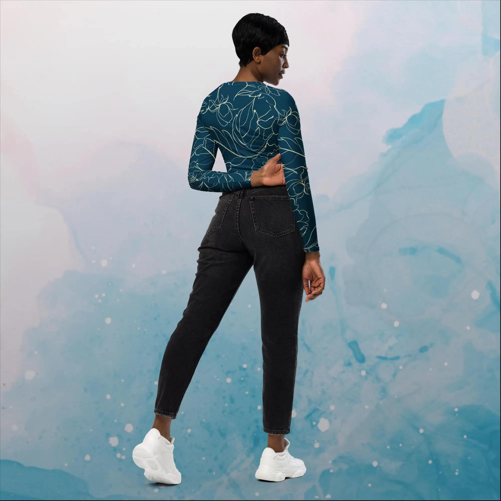 Blue and Cream Floral Stencil Lines Recycled Long Sleeve Crop Top