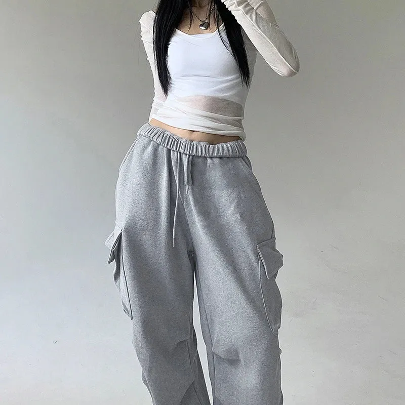 Casual Solid Drawstring Autumn Sweatpants Sports Draped Baggy Cargo Trousers Women Korean Basic Jogging Outfits