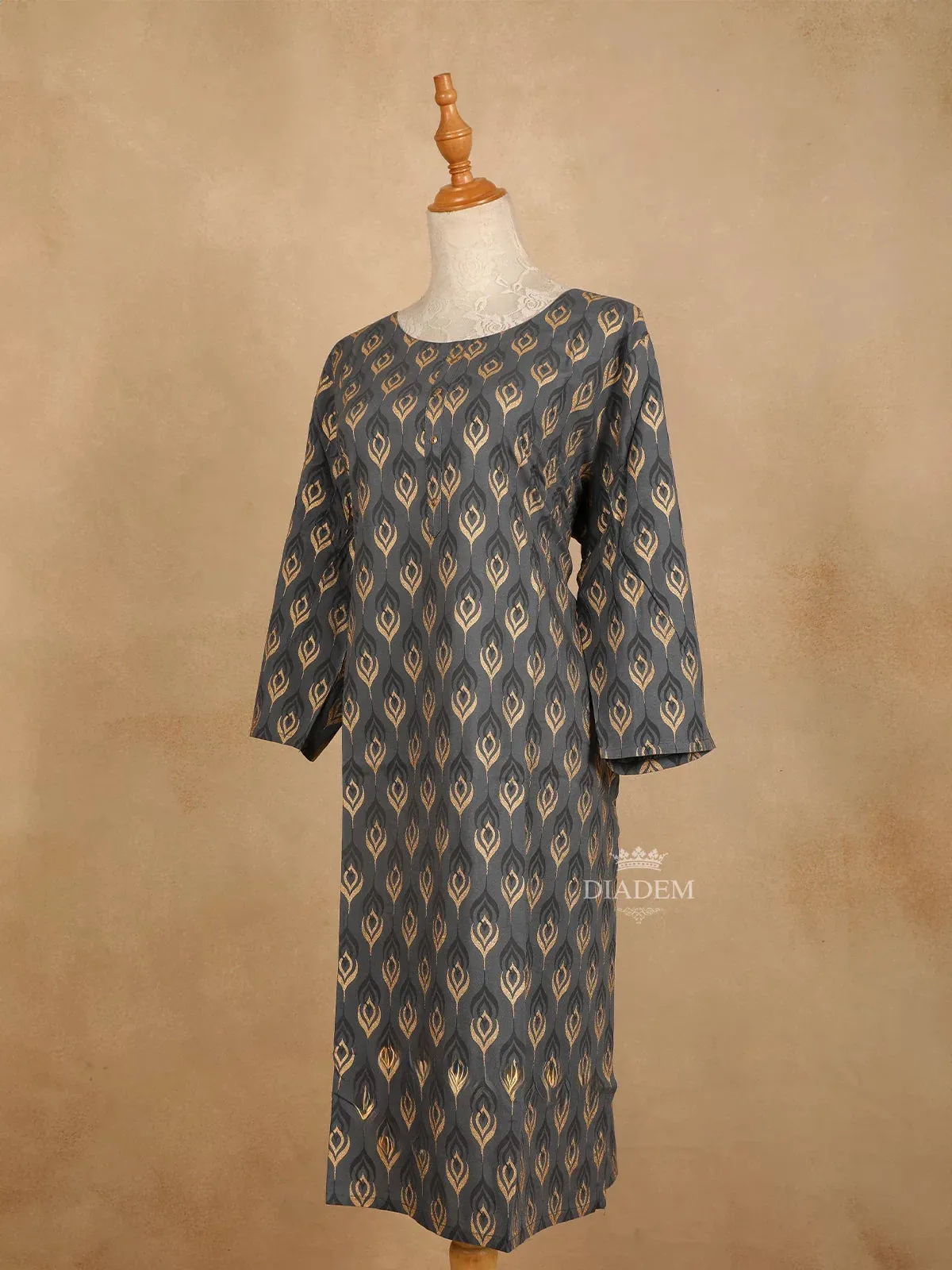 Dark Grey Cotton Adorned with Design Prints, with 3/4 sleeves and U-neck