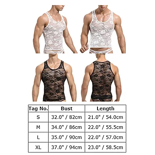 Men's Sissy Lace Mesh Fishnet Undershirt Floral Muscle Shirt Sheer See Through Tanks Top Sleeveless Slim Fit Semi Transparent Vest Singlet Gym Tee Shirts 02# Black X-Large