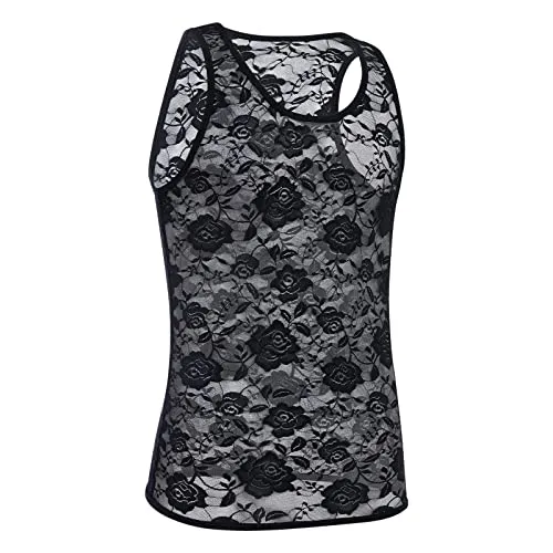 Men's Sissy Lace Mesh Fishnet Undershirt Floral Muscle Shirt Sheer See Through Tanks Top Sleeveless Slim Fit Semi Transparent Vest Singlet Gym Tee Shirts 02# Black X-Large