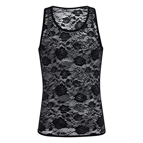 Men's Sissy Lace Mesh Fishnet Undershirt Floral Muscle Shirt Sheer See Through Tanks Top Sleeveless Slim Fit Semi Transparent Vest Singlet Gym Tee Shirts 02# Black X-Large