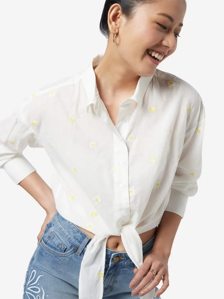 Nuon White Floral Embroidered Casual Shirt