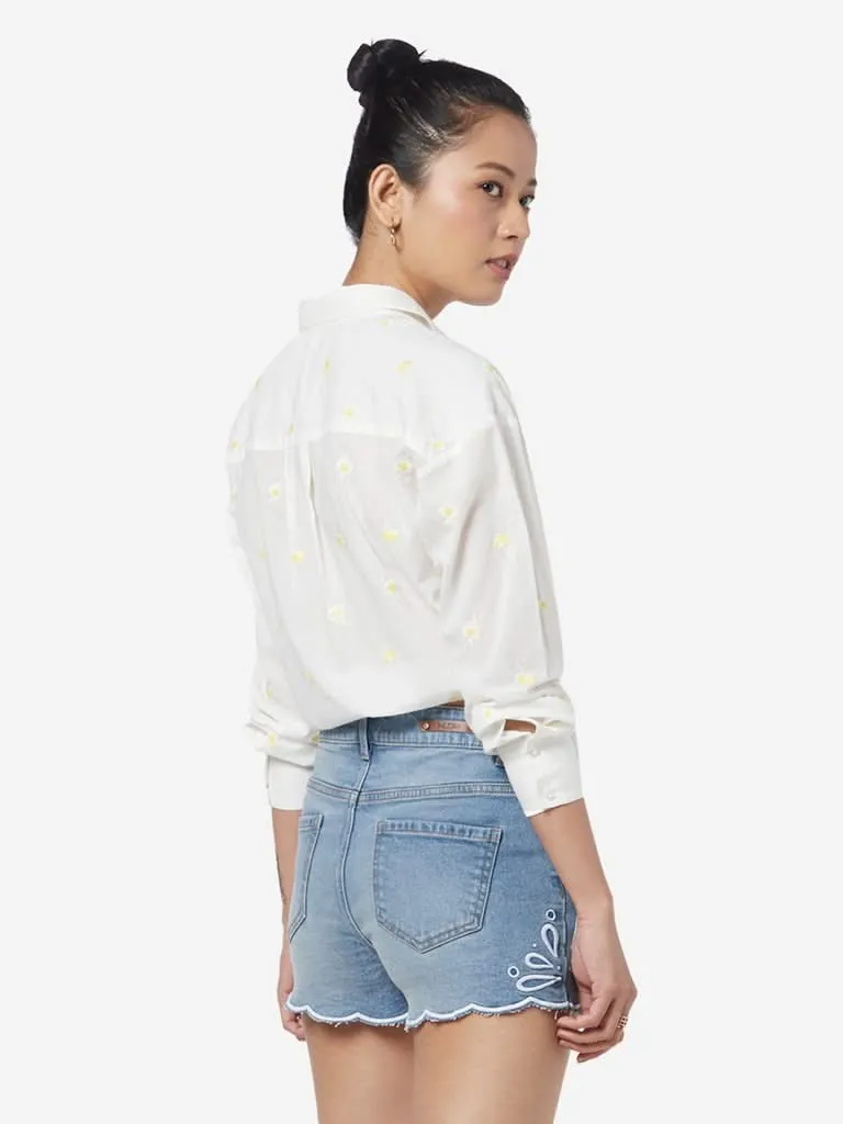 Nuon White Floral Embroidered Casual Shirt