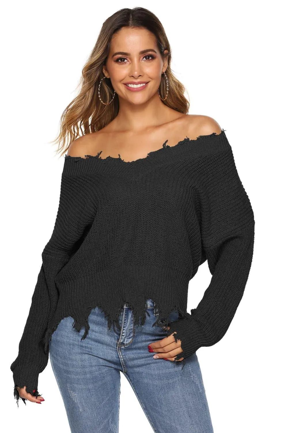 Off-Shoulder Ribbed Long Sleeve Raw Hem Sweater