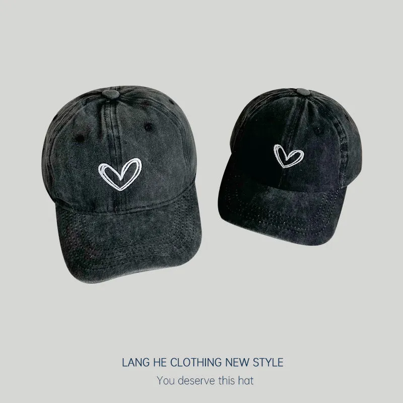 Parent-child love embroidered baseball cap showing face small washed soft top cap for men and women heart casual versatile hat trendy