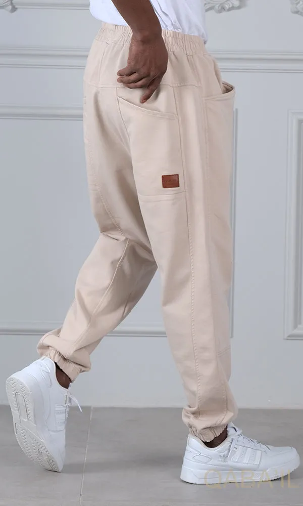 QL Relaxed Cotton STRETCH Cuffed Trousers in Beige