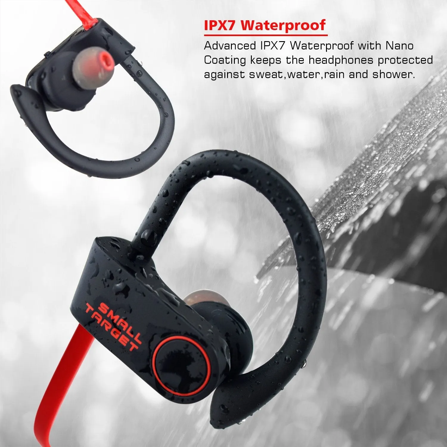 Small Target Bluetooth Headphones, Best Wireless Sport Earphones w/Mic IPX7 Waterproof Stable Fit in Ear Earbuds Noise Isolating Stereo Headset 9-Hour