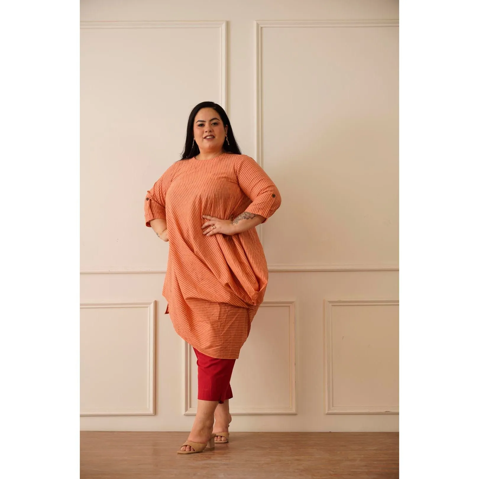 Stripes Peach Cowl kurta pant set