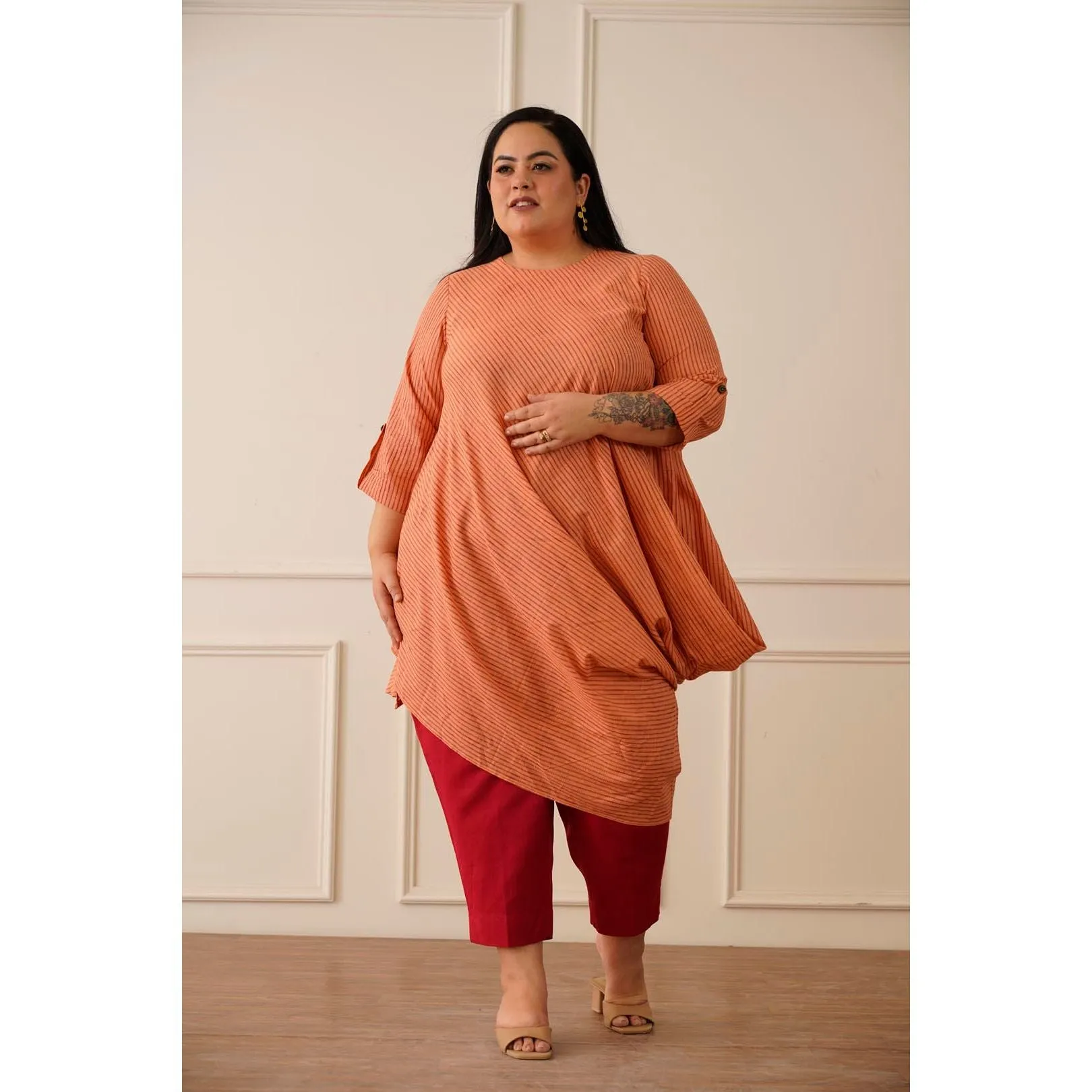 Stripes Peach Cowl kurta pant set