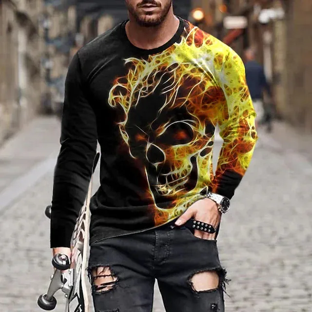 T shirt Tee Skull Graphic Prints Crew Neck Yellow 3D Print Outdoor Street Long Sleeve Print Clothing Apparel Basic Vintage Sports Designer