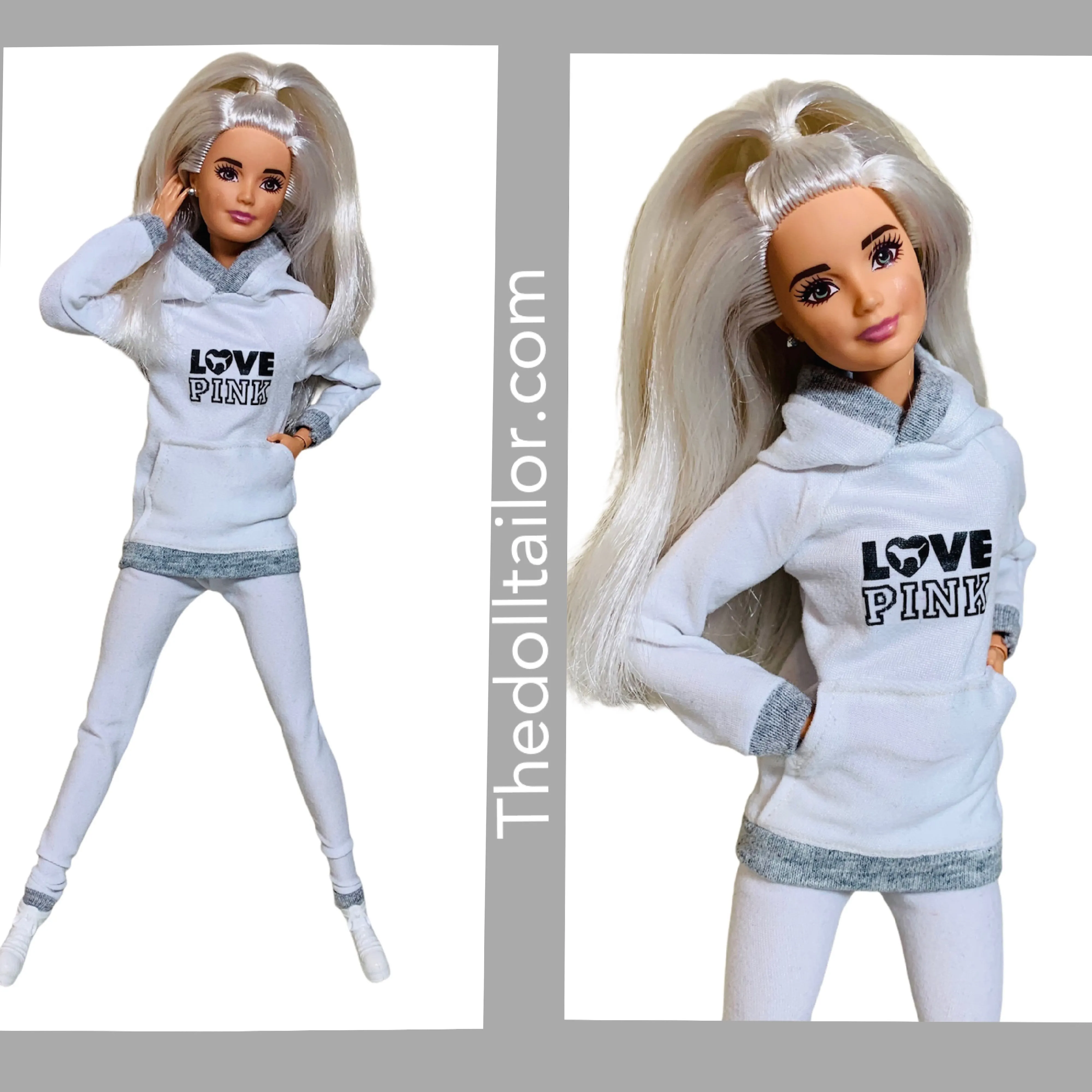 White tracksuit for Barbie doll white and gray hoodie and matching leggings