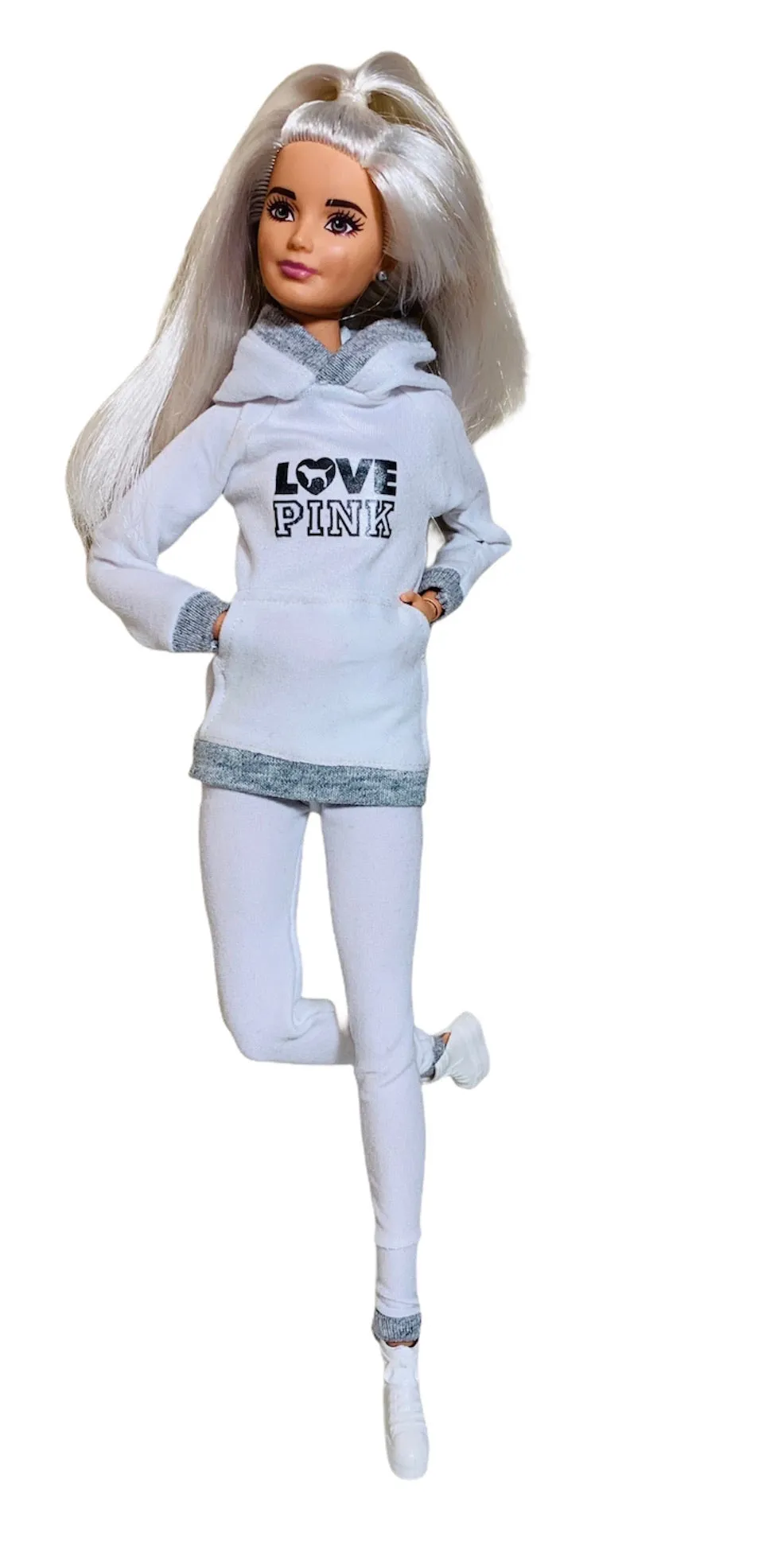 White tracksuit for Barbie doll white and gray hoodie and matching leggings