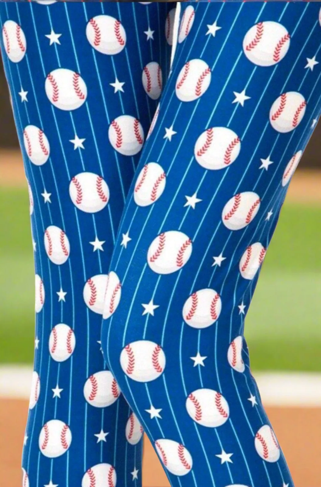 Womens Baseball Leggings, Soft Yoga Pants, Sizes 0-10, No-Roll Waist, Blue/White, LAST PAIR