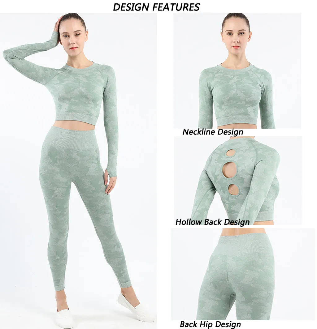 Womens camouflage Workout Tracksuit 2 Pieces Set  Hollow back High Waist Leggings and Long Sleeve Crop Top Yoga Activewear