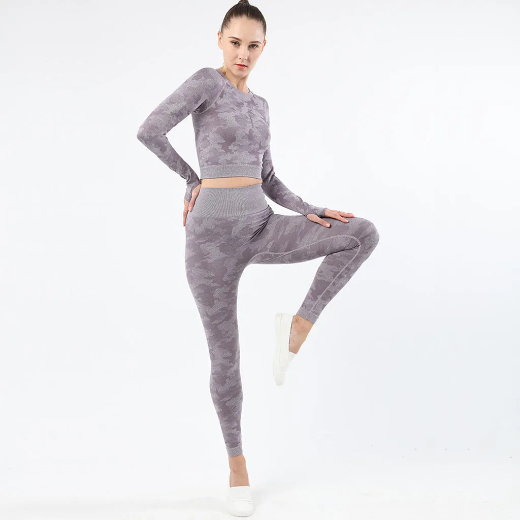 Womens camouflage Workout Tracksuit 2 Pieces Set  Hollow back High Waist Leggings and Long Sleeve Crop Top Yoga Activewear