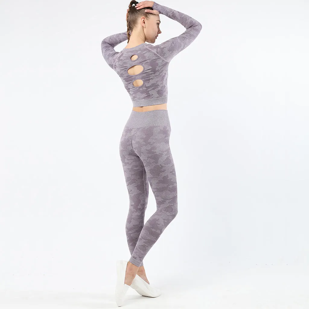 Womens camouflage Workout Tracksuit 2 Pieces Set  Hollow back High Waist Leggings and Long Sleeve Crop Top Yoga Activewear