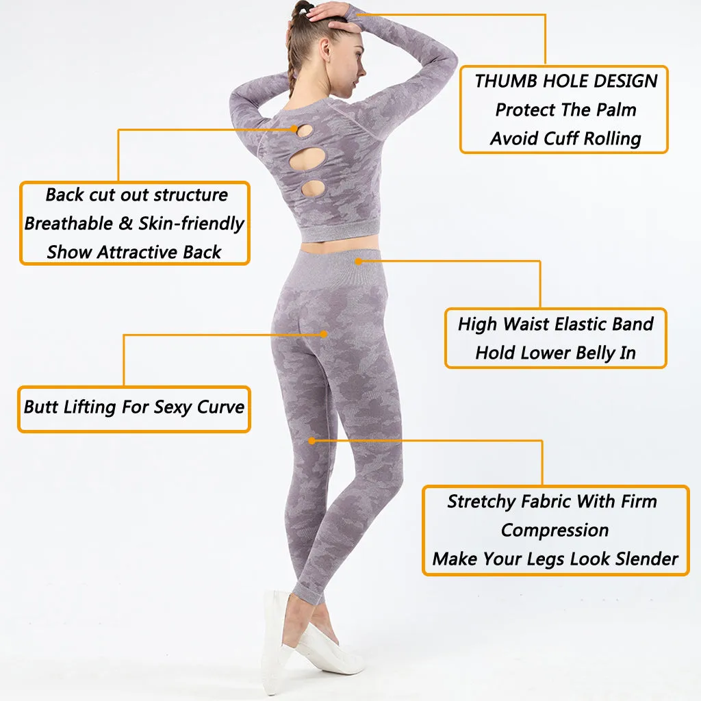 Womens camouflage Workout Tracksuit 2 Pieces Set  Hollow back High Waist Leggings and Long Sleeve Crop Top Yoga Activewear