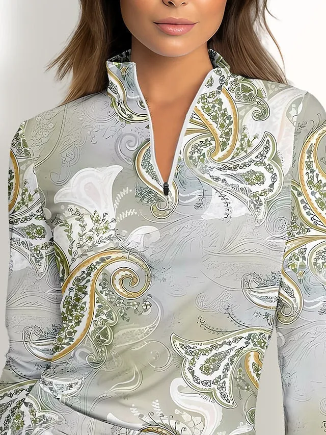 Women's Golf Polo Shirt Green Long Sleeve Sun Protection Top Paisley Fall Winter Ladies Golf Attire Clothes Outfits Wear Apparel