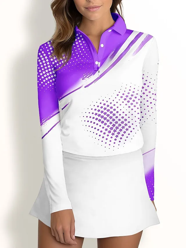 Women's Golf Polo Shirt Pink Purple Long Sleeve Sun Protection Top Polka Dot Fall Winter Ladies Golf Attire Clothes Outfits Wear Apparel