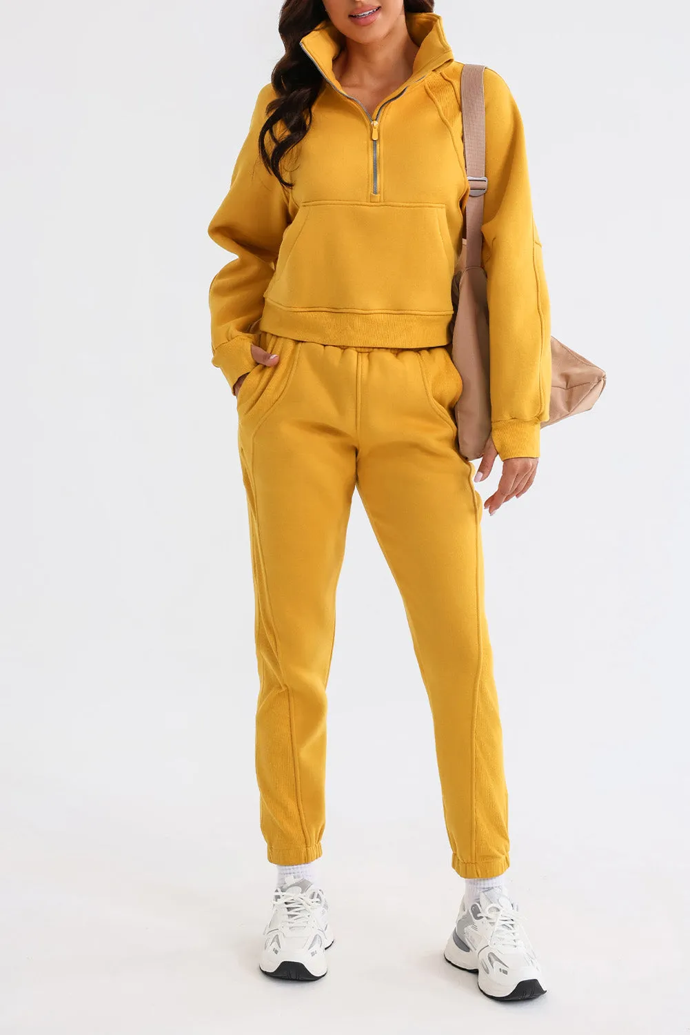 Women's Solid Color Half Zip Sweatshirt and Sweatpants Sports Set