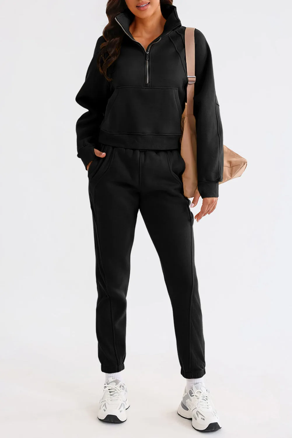 Women's Solid Color Half Zip Sweatshirt and Sweatpants Sports Set