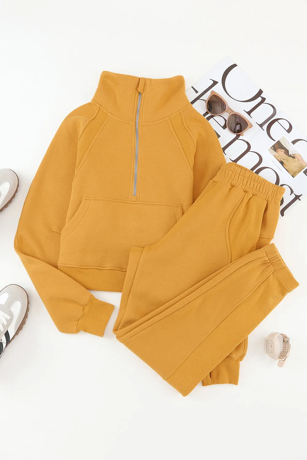 Women's Solid Color Half Zip Sweatshirt and Sweatpants Sports Set