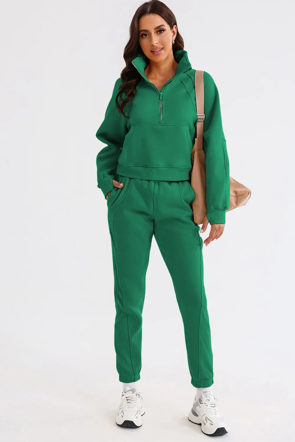 Women's Solid Color Half Zip Sweatshirt and Sweatpants Sports Set