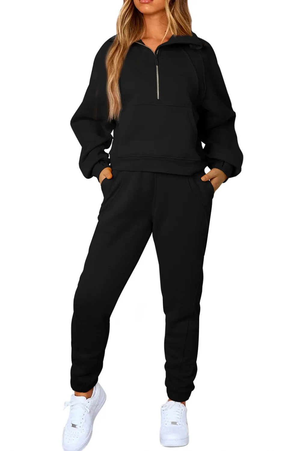 Women's Solid Color Half Zip Sweatshirt and Sweatpants Sports Set