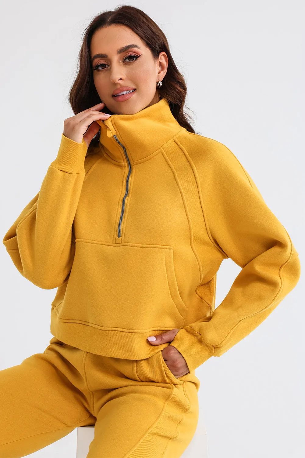 Women's Solid Color Half Zip Sweatshirt and Sweatpants Sports Set