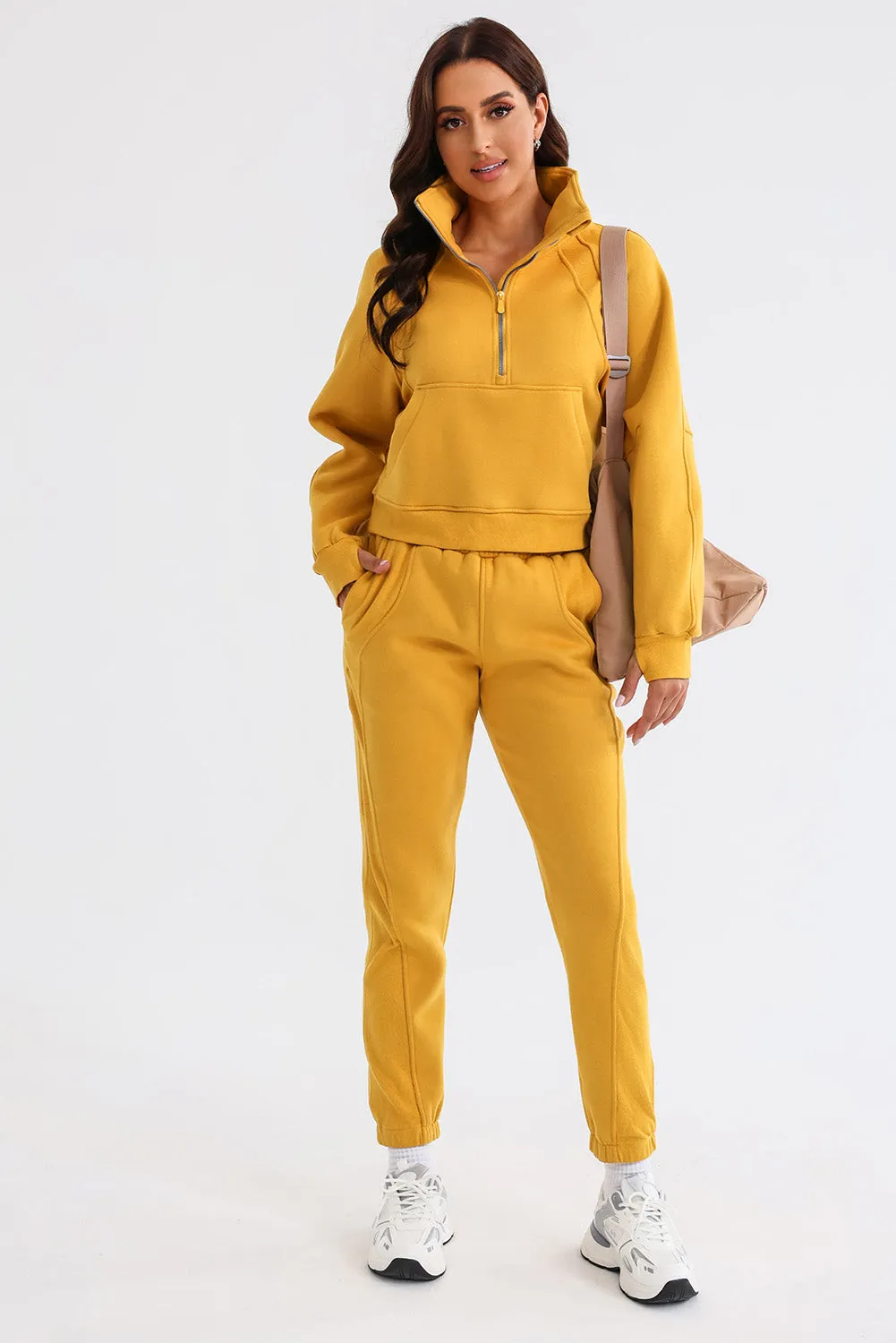 Women's Solid Color Half Zip Sweatshirt and Sweatpants Sports Set