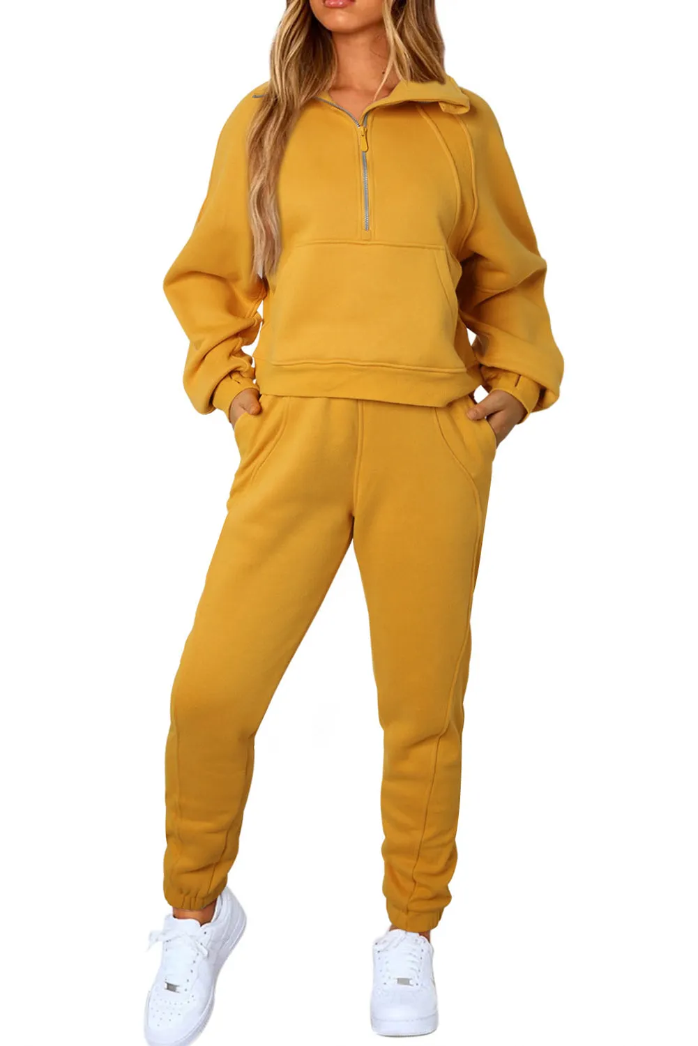 Women's Solid Color Half Zip Sweatshirt and Sweatpants Sports Set