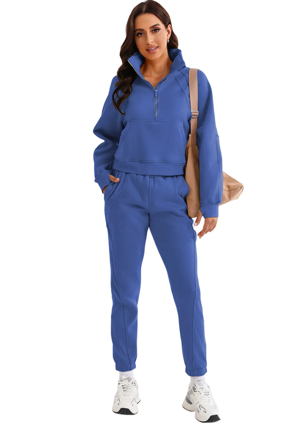 Women's Solid Color Half Zip Sweatshirt and Sweatpants Sports Set