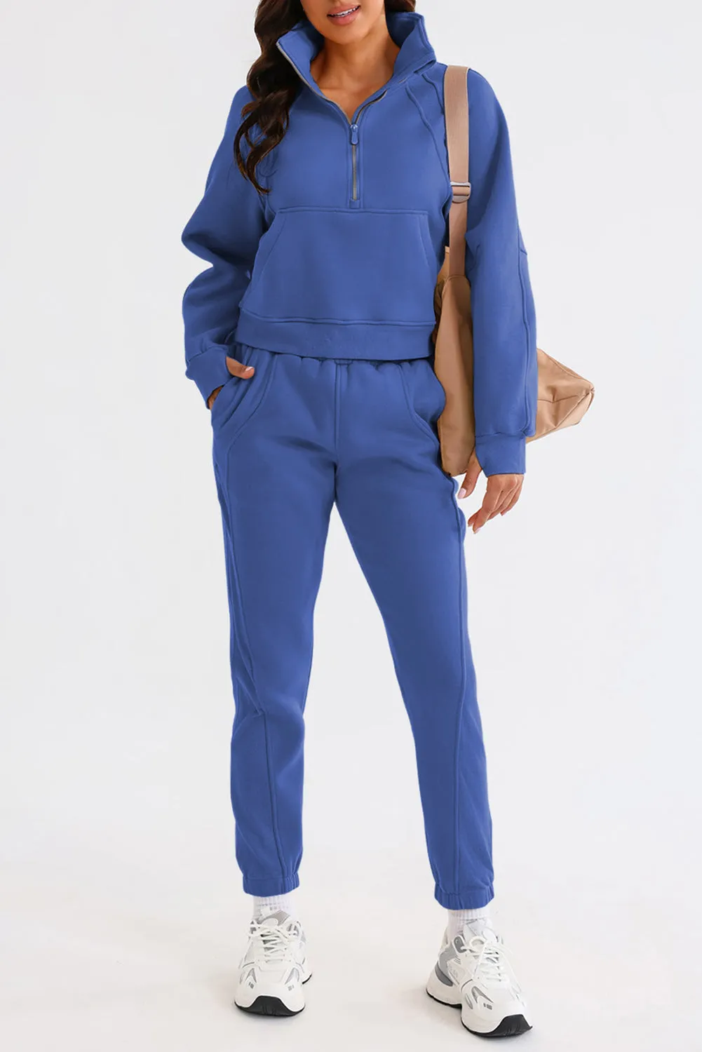 Women's Solid Color Half Zip Sweatshirt and Sweatpants Sports Set