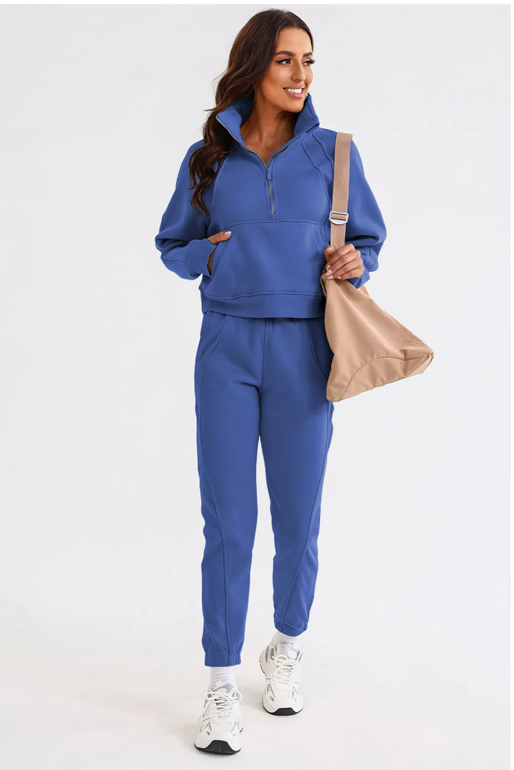 Women's Solid Color Half Zip Sweatshirt and Sweatpants Sports Set