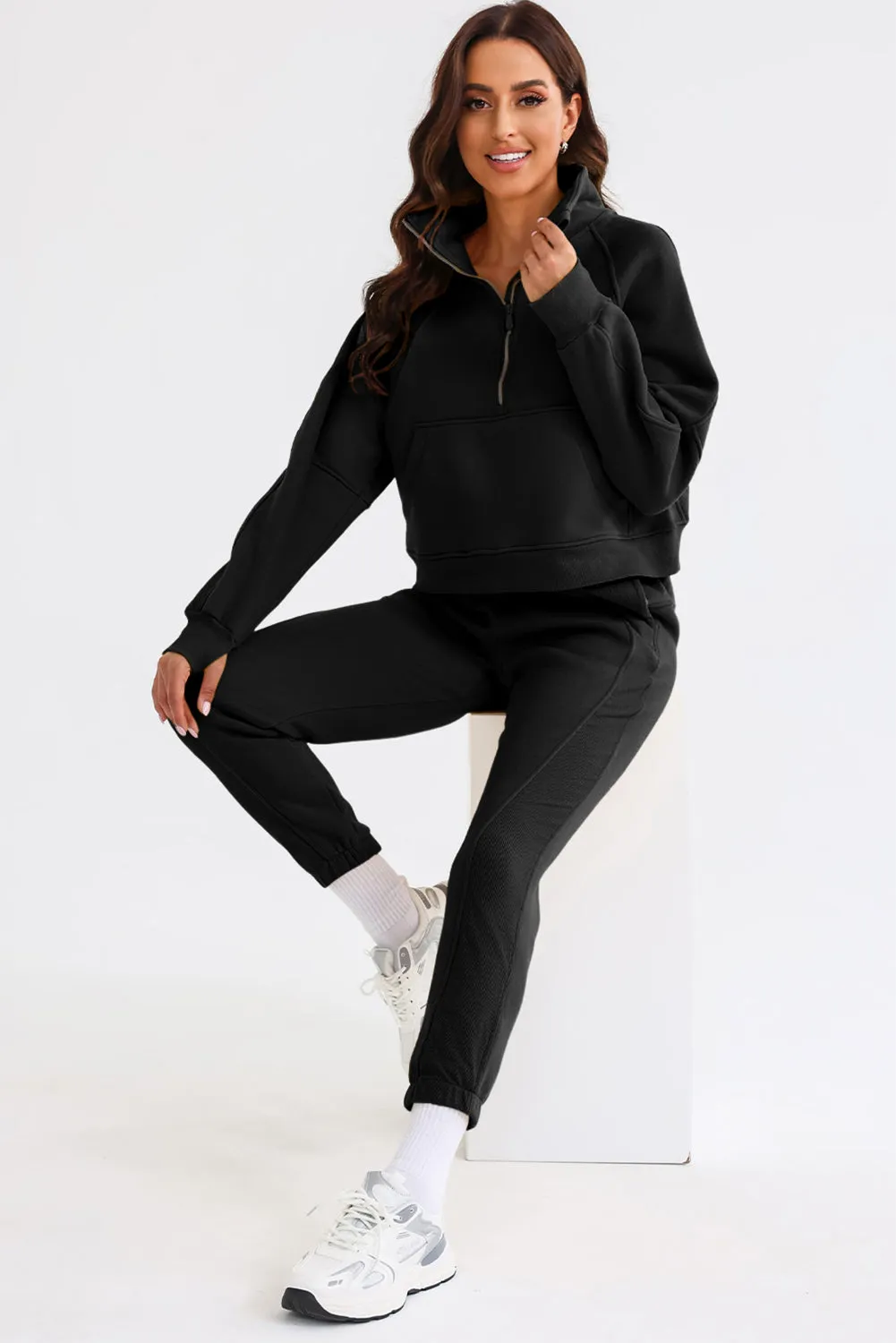 Women's Solid Color Half Zip Sweatshirt and Sweatpants Sports Set