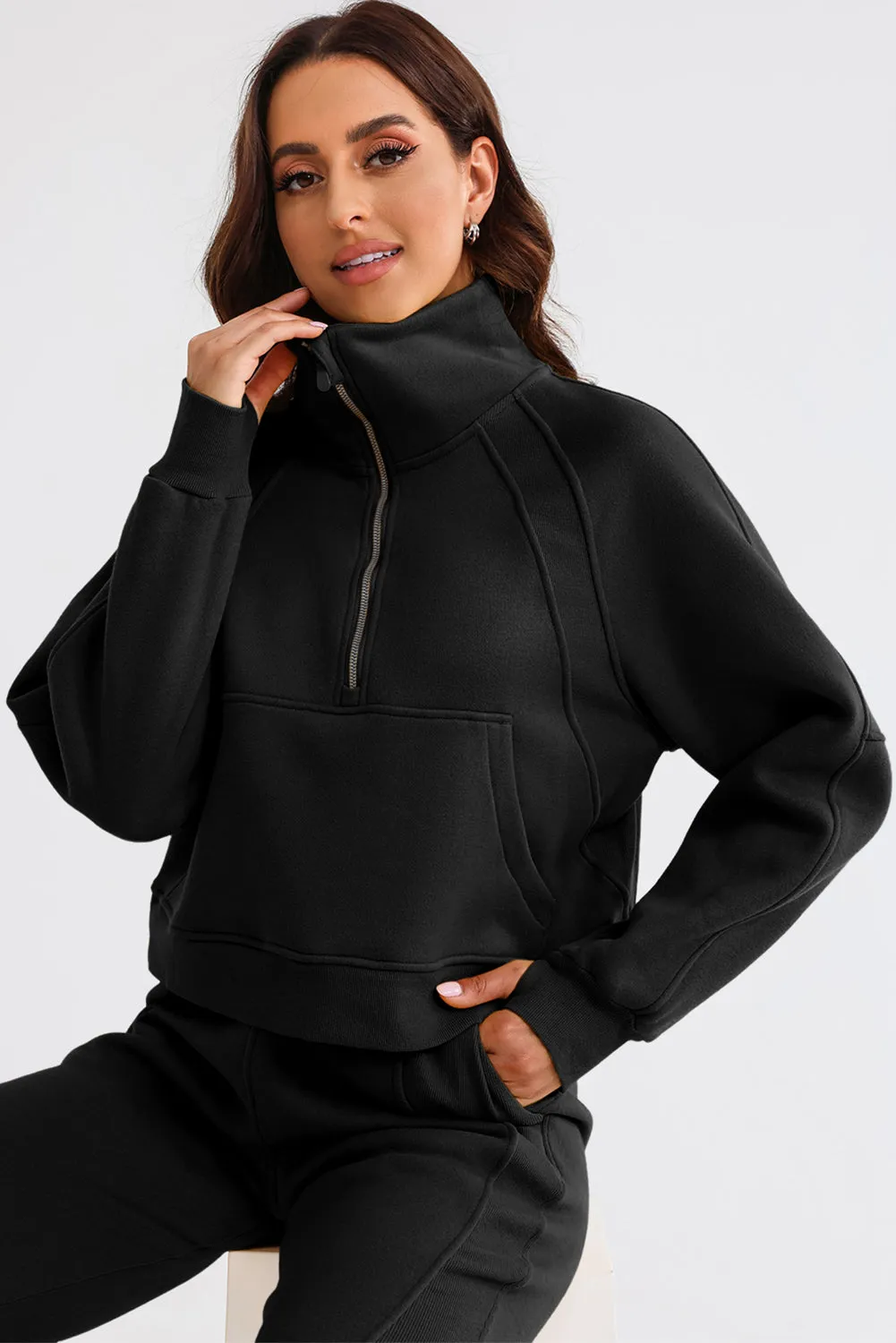 Women's Solid Color Half Zip Sweatshirt and Sweatpants Sports Set