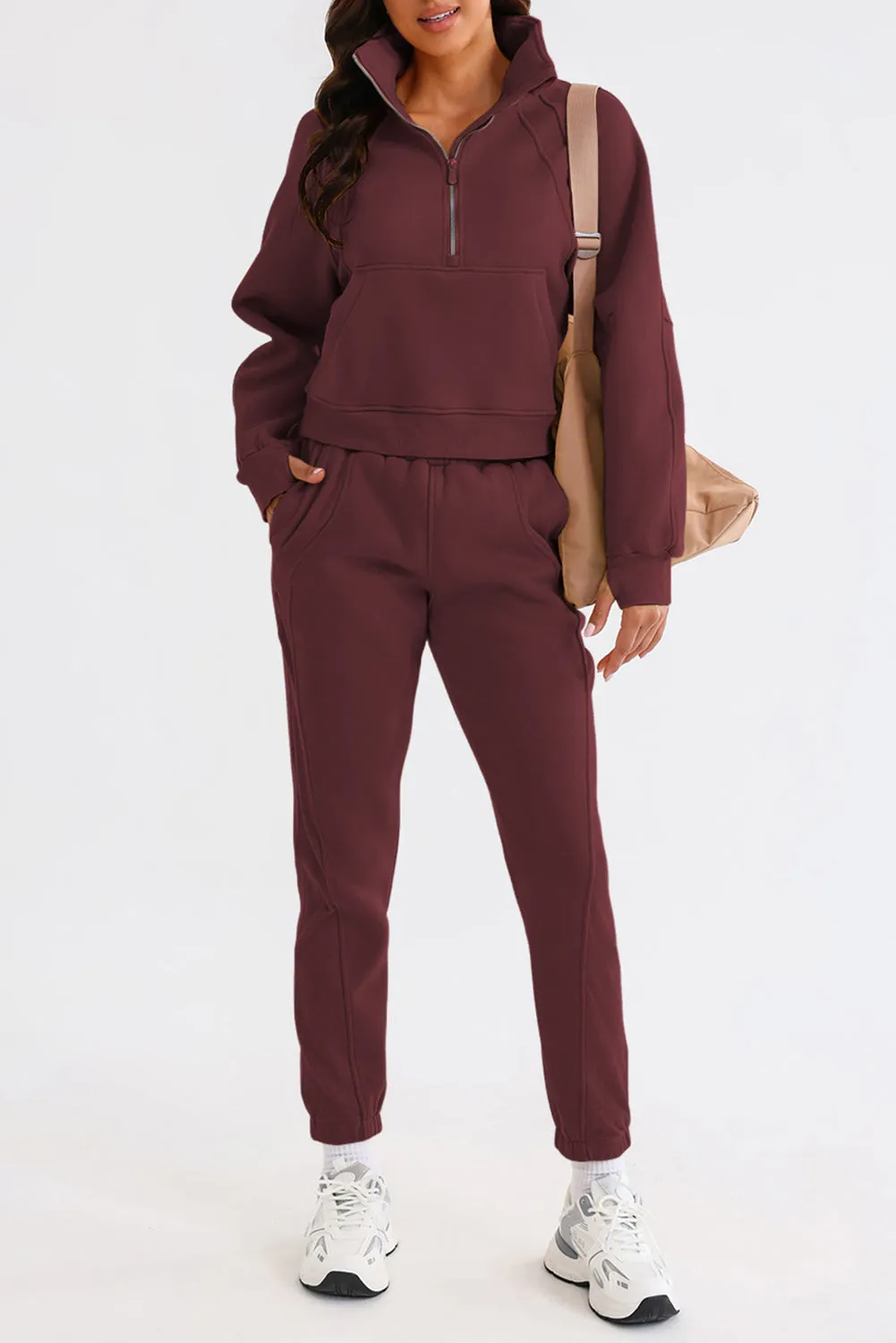 Women's Solid Color Half Zip Sweatshirt and Sweatpants Sports Set