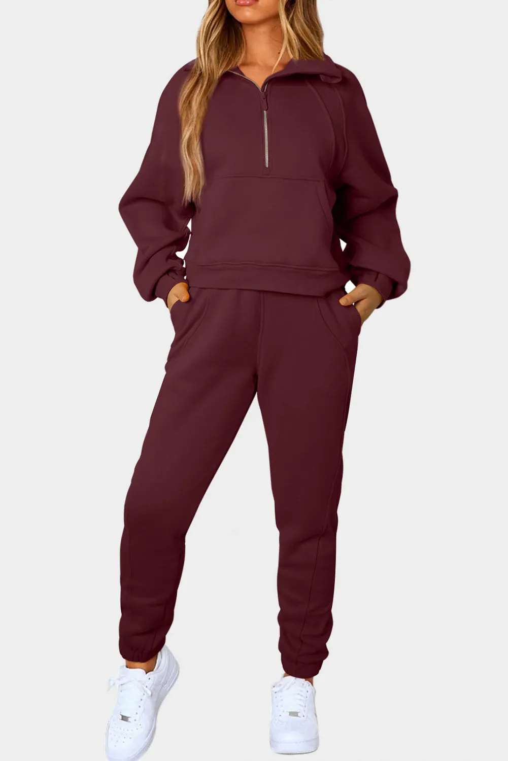 Women's Solid Color Half Zip Sweatshirt and Sweatpants Sports Set