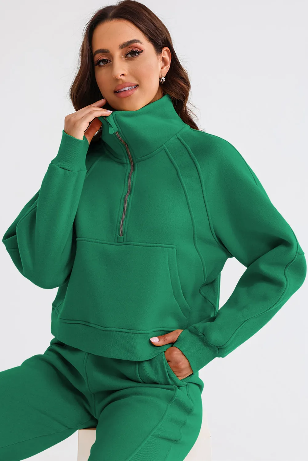 Women's Solid Color Half Zip Sweatshirt and Sweatpants Sports Set