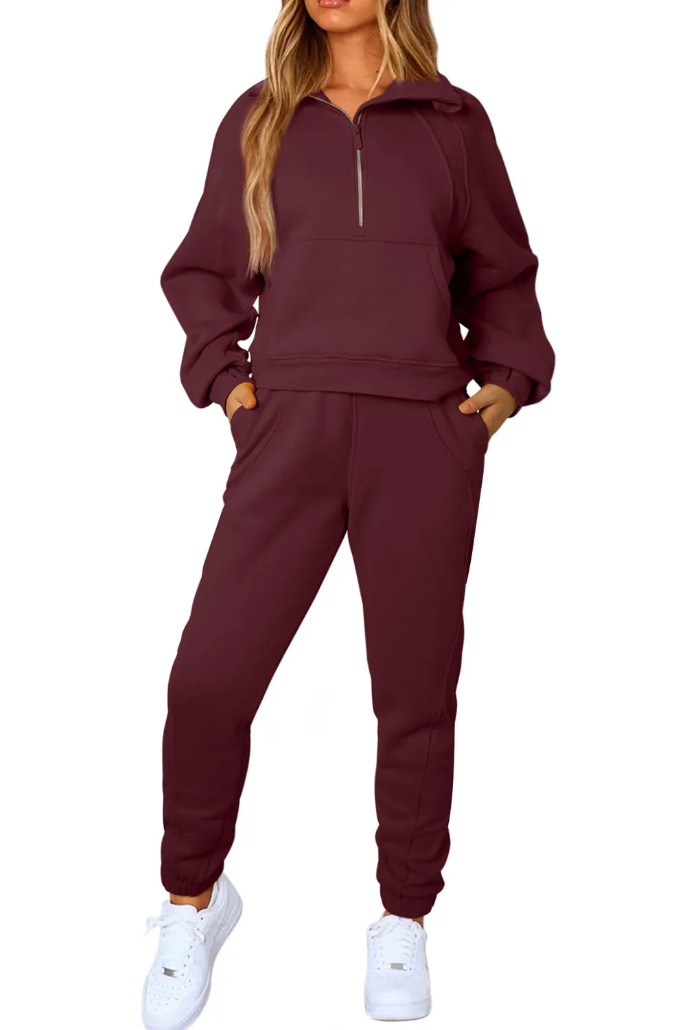 Women's Solid Color Half Zip Sweatshirt and Sweatpants Sports Set